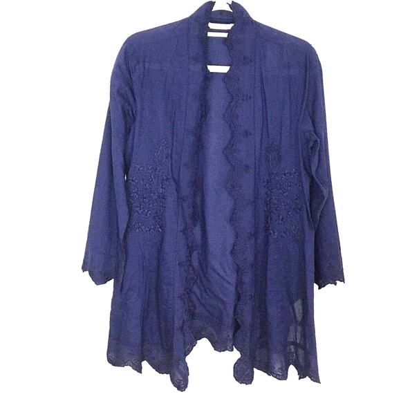 NWT Soft Surroundings Sonoma Embroidered Asymmetrical Hem Open Cardigan Navy SP - Picture 1 of 13